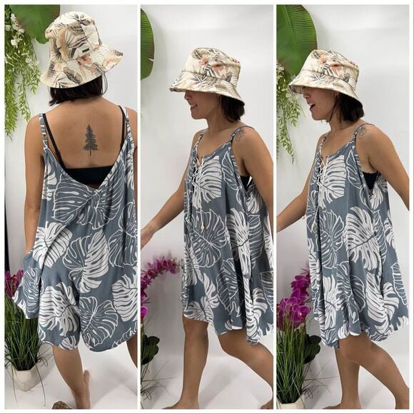 Kau wela Summer Mini Romper Beach Boho Romper Gypsy Overall Wide Leg Monstera - Picture 2 of 16